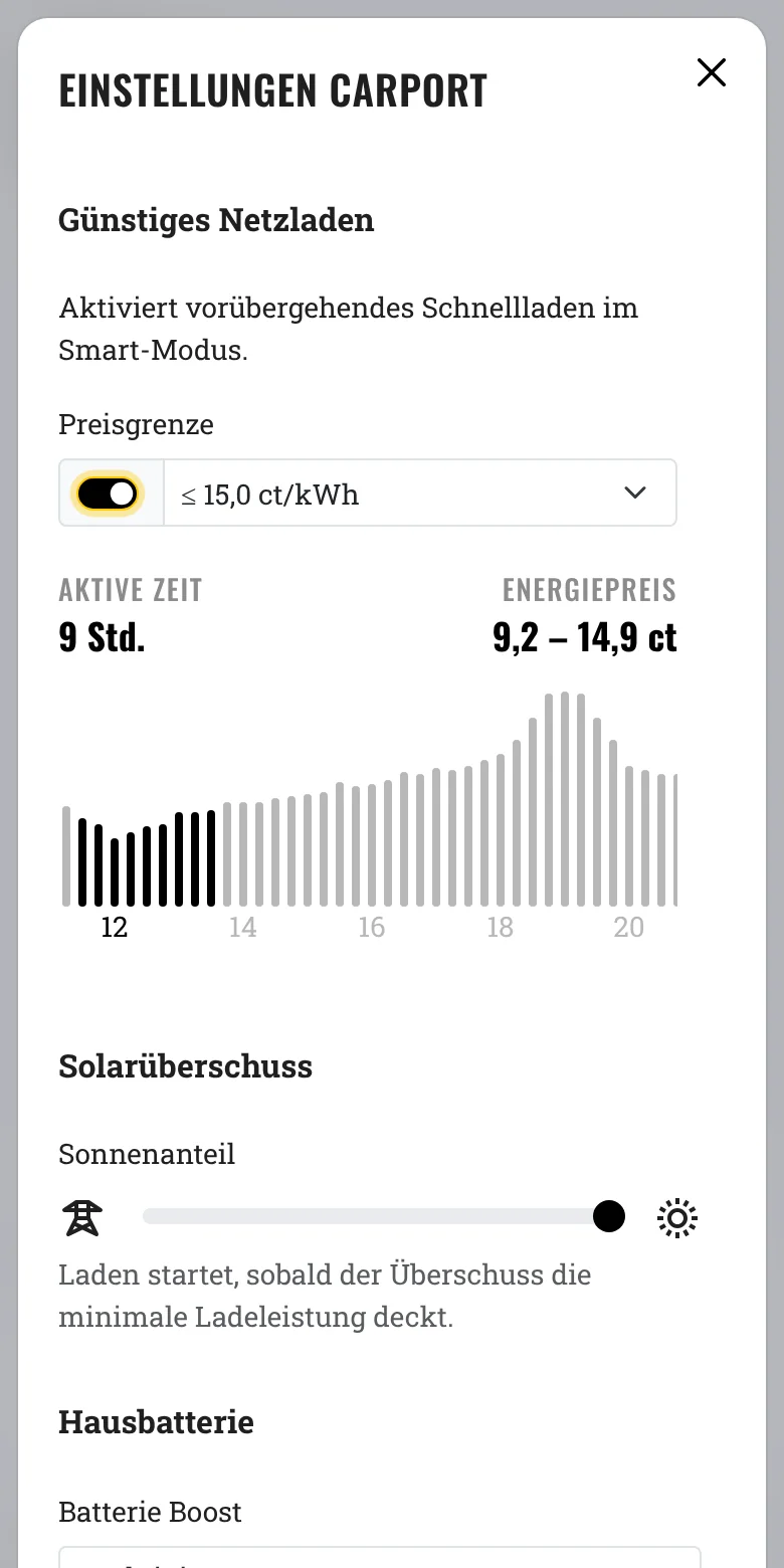 Einstellungen Ladepunkt: Günstiges Netzladen mit Preisgrenze 15 ct/kWh